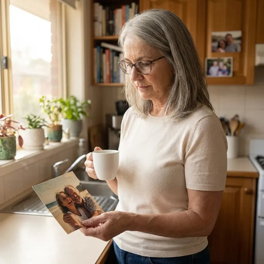Woman standing alone in kitchen, holding coffee