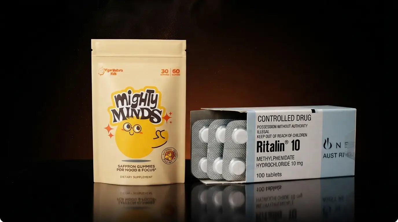 A bag of Mighty Minds gummies beside a prescription pill bottle and a blister strip of white tablets